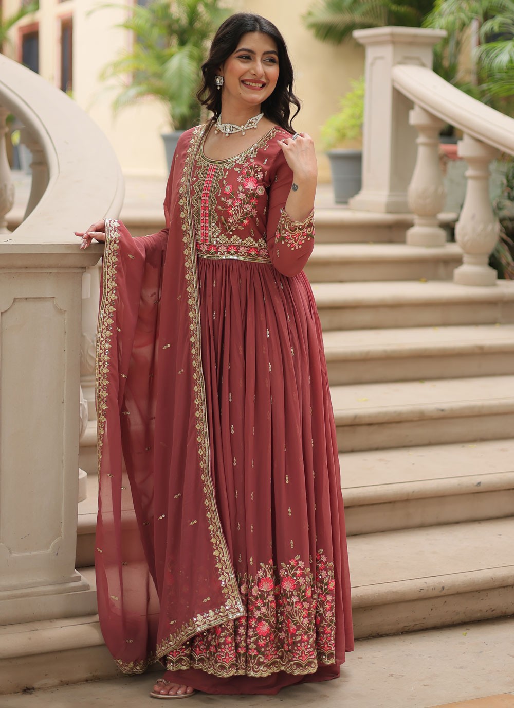 Embroidered Faux Georgette Anarkali - T4768