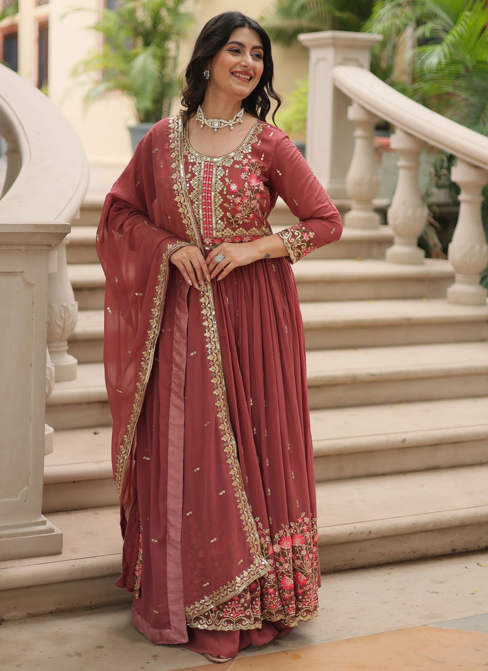 Embroidered Faux Georgette Anarkali - T4768