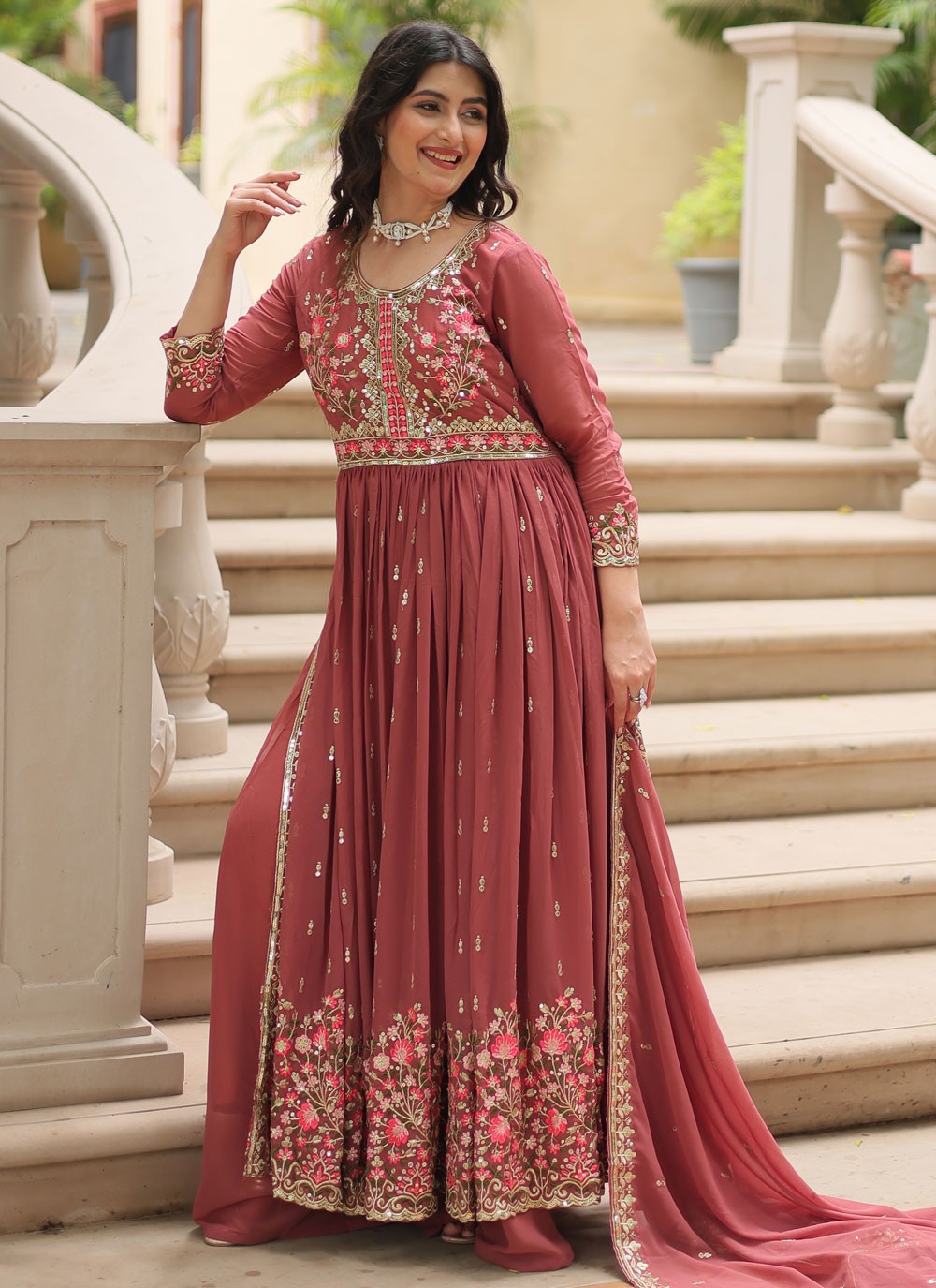 Embroidered Faux Georgette Anarkali - T4768