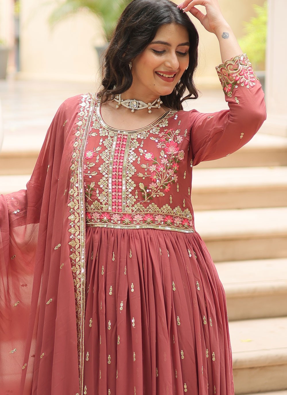 Embroidered Faux Georgette Anarkali - T4768