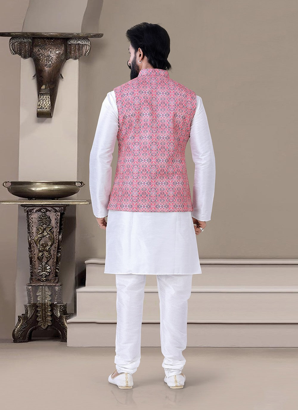 Printed Silk Pink, White Kurta Payjama With Jacket - M3471