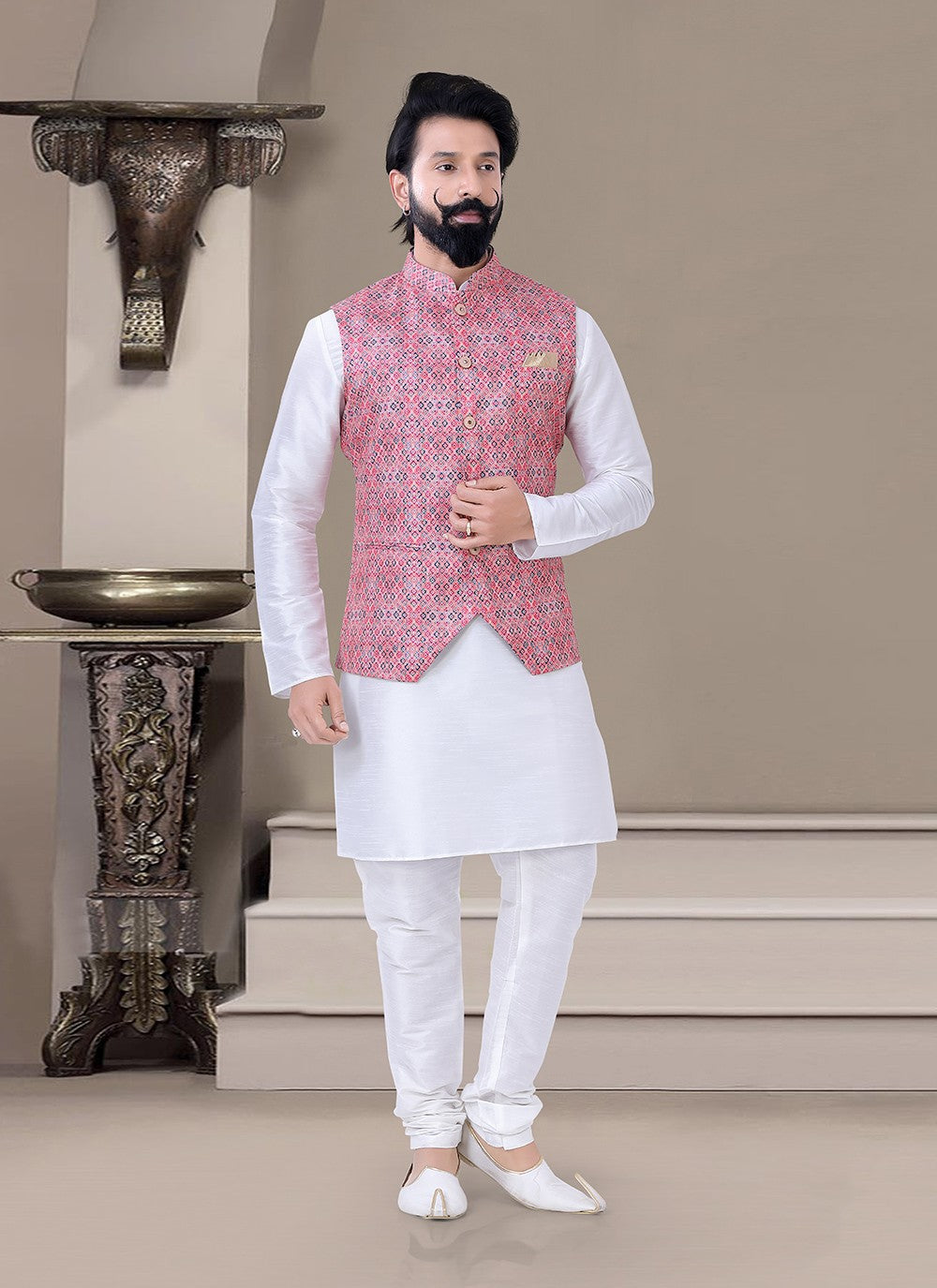 Printed Silk Pink, White Kurta Payjama With Jacket - M3471