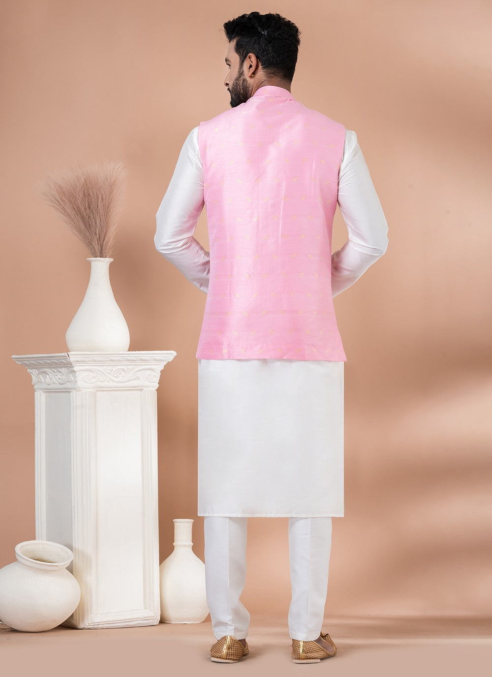 Plain Silk, Viscose Pink, White Kurta Payjama With Jacket - M7736