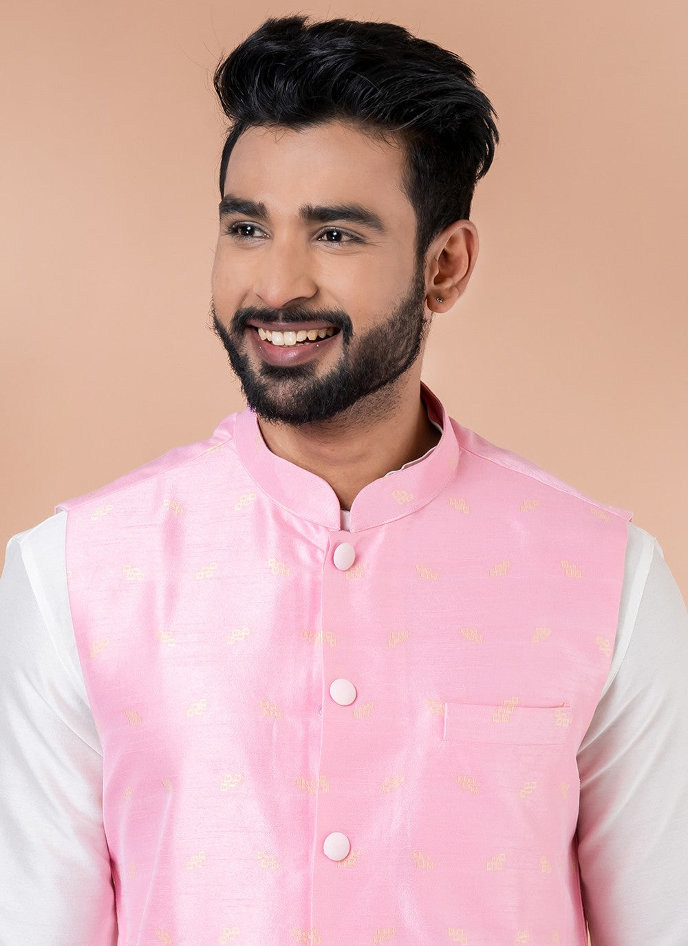 Plain Silk, Viscose Pink, White Kurta Payjama With Jacket - M7736