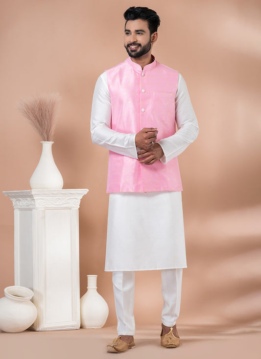 Plain Silk, Viscose Pink, White Kurta Payjama With Jacket - M7736