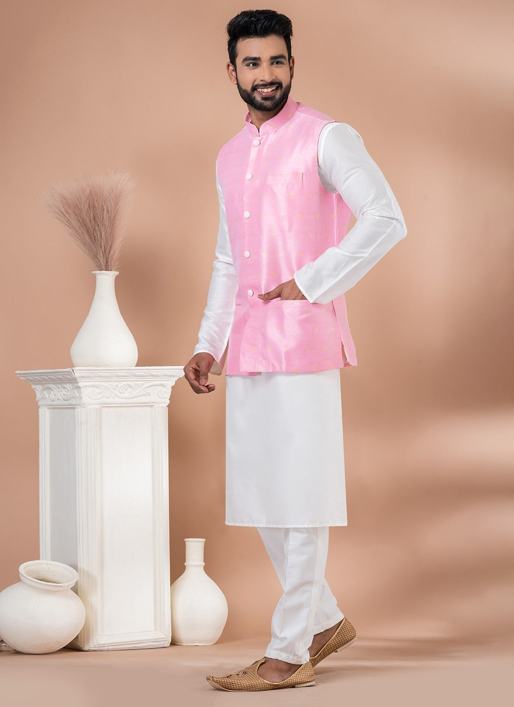 Plain Silk, Viscose Pink, White Kurta Payjama With Jacket - M7736