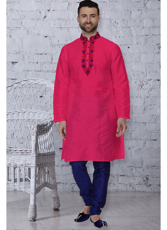 Embroidered Art Dupion Silk Pink Kurta Pyjama - M1488