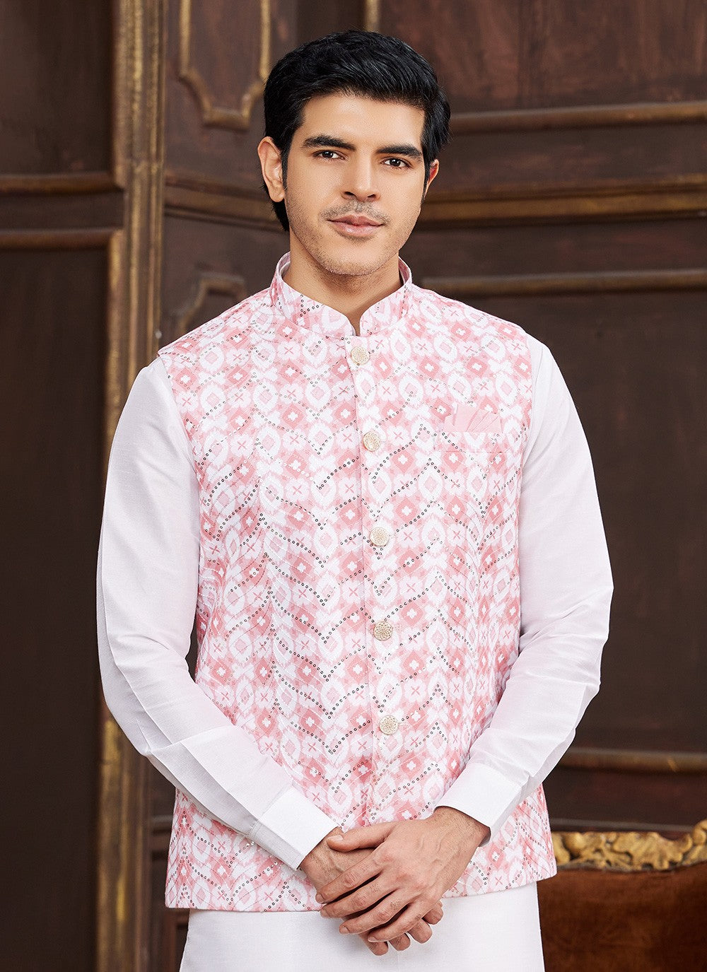 Digital Print Art Silk Pink Kurta Payjama With Jacket - M8722