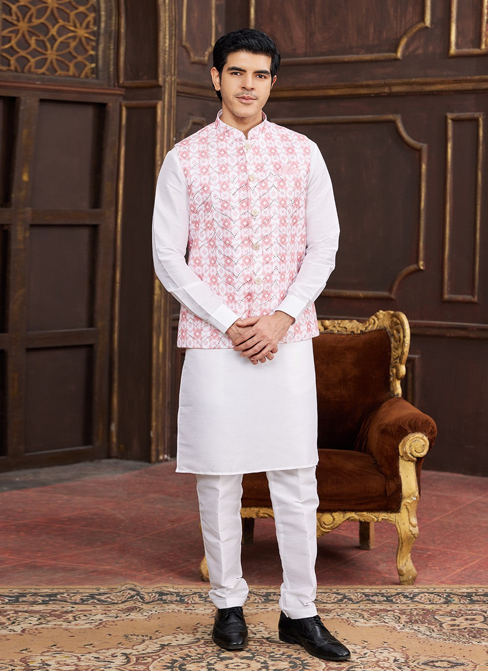 Digital Print Art Silk Pink Kurta Payjama With Jacket - M8722