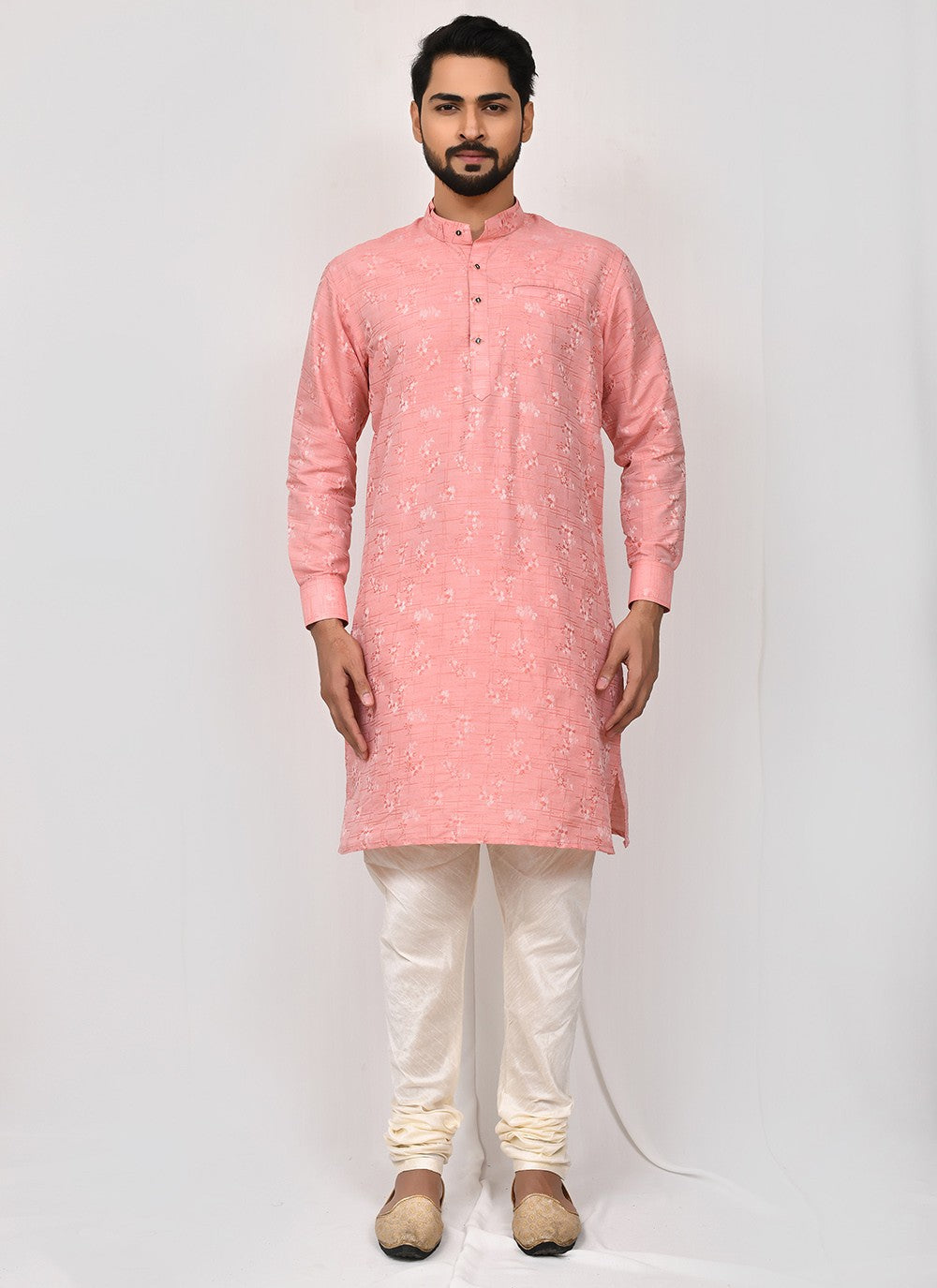 Printed Art Silk Pink Kurta Pyjama - M2527