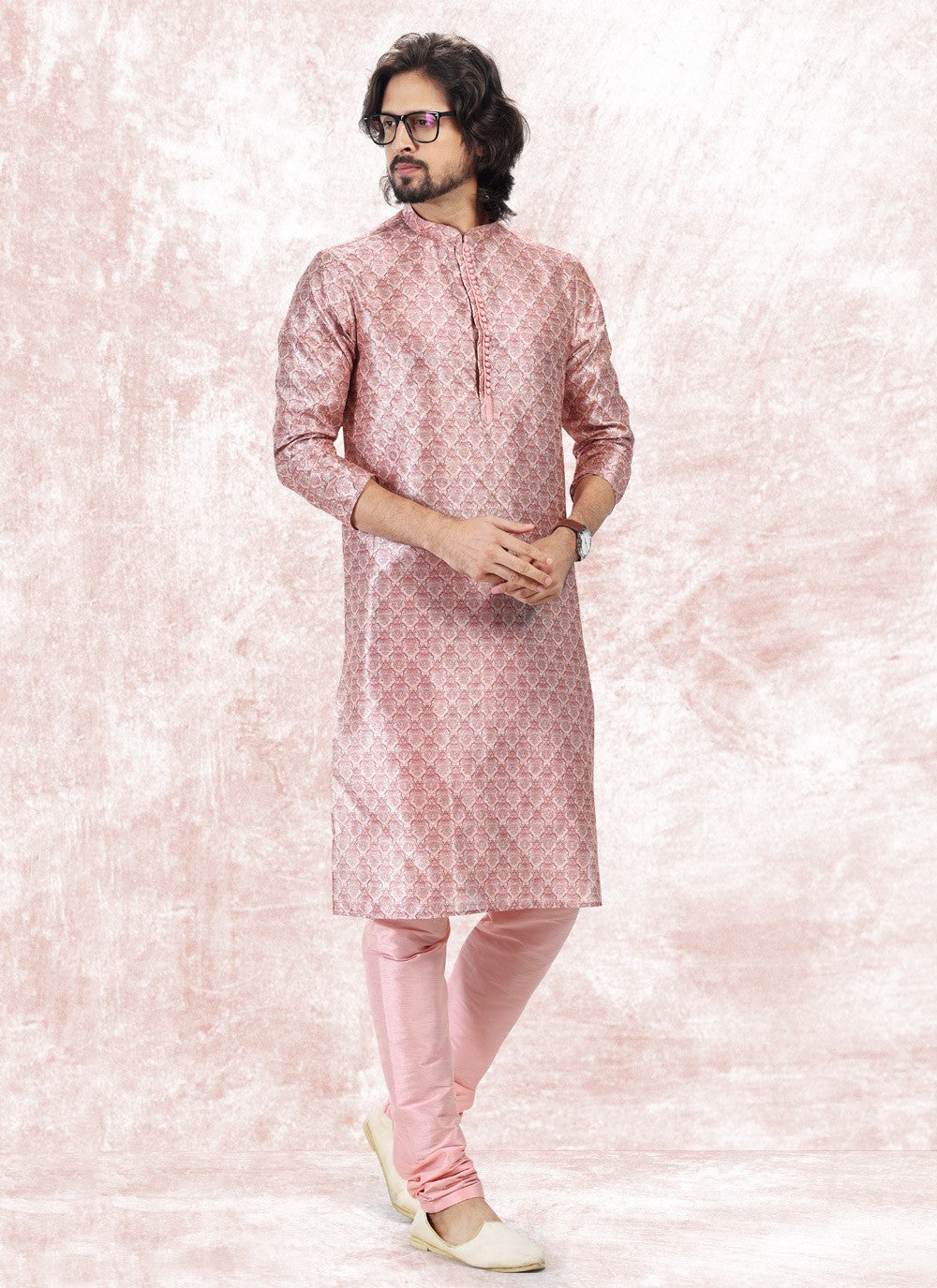 Fancy Work Banarasi Jacquard Pink Kurta Pyjama - M5174