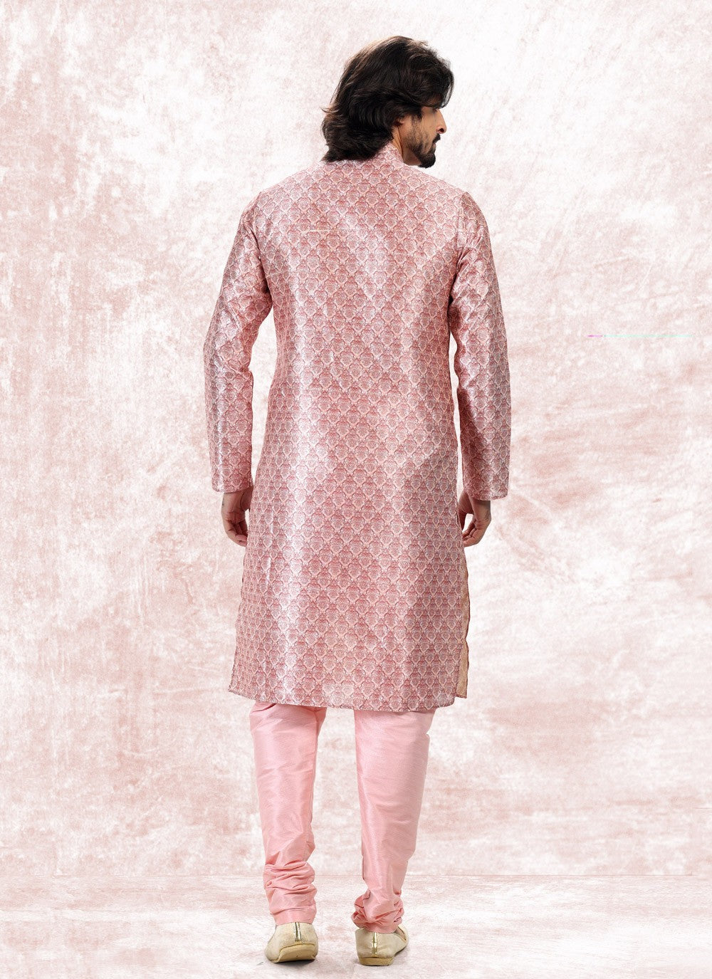 Fancy Work Banarasi Jacquard Pink Kurta Pyjama - M5174