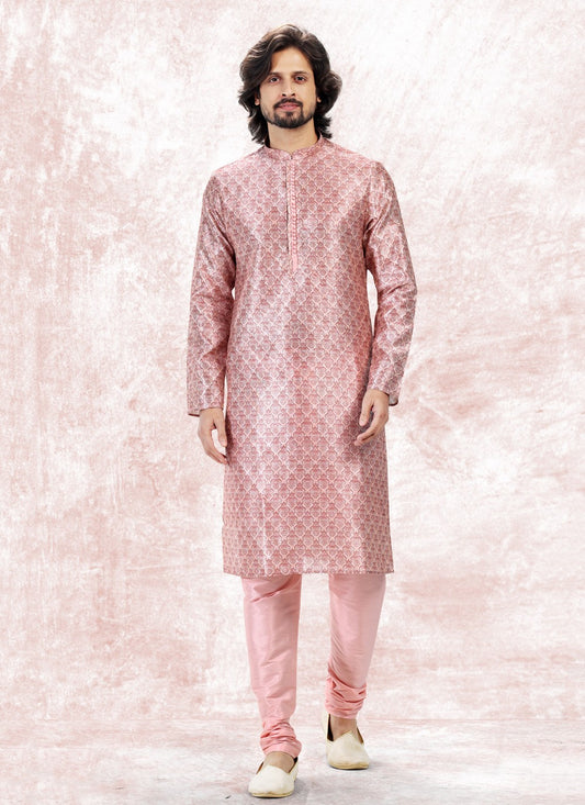 Fancy Work Banarasi Jacquard Pink Kurta Pyjama - M5174