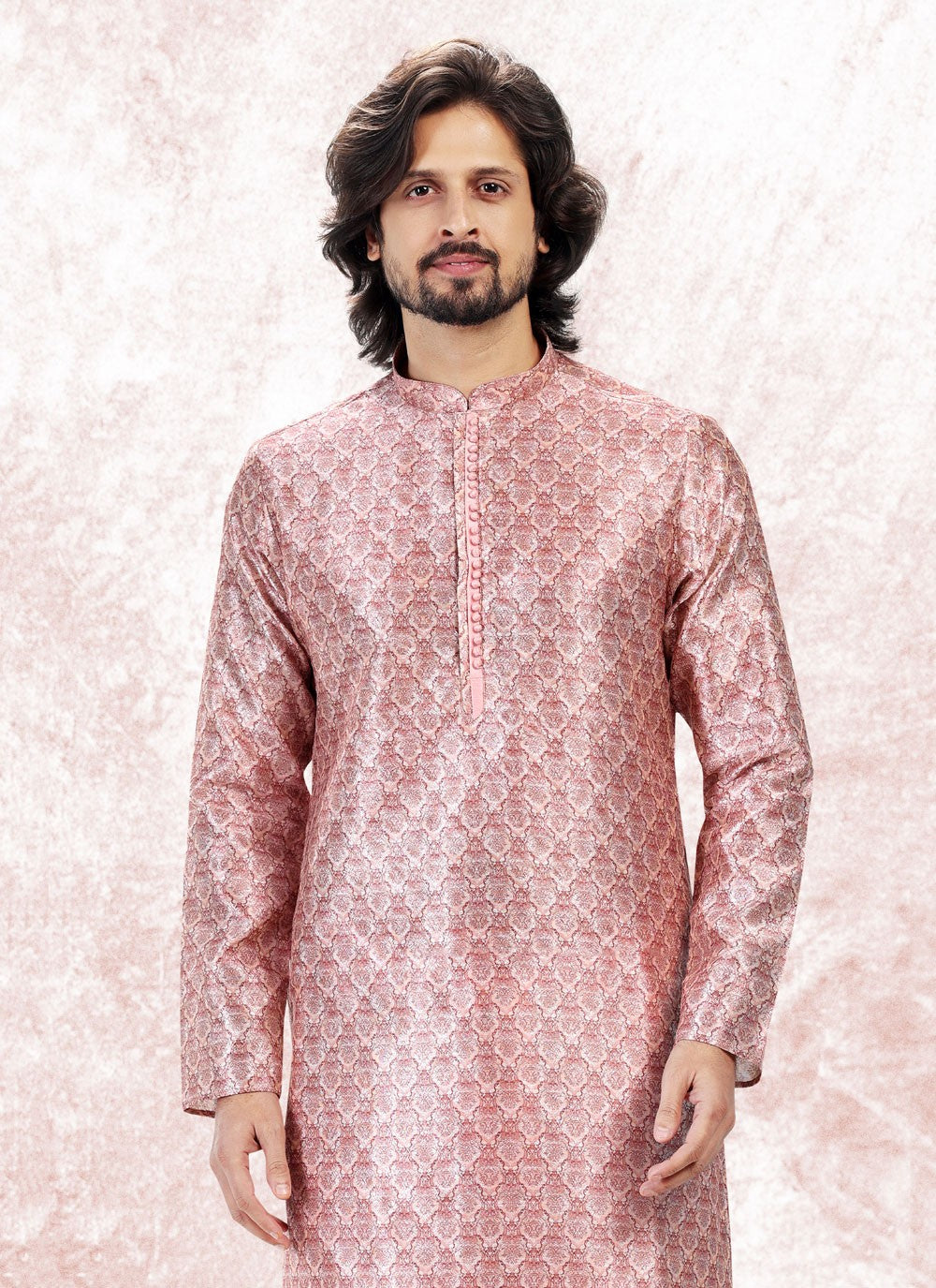 Fancy Work Banarasi Jacquard Pink Kurta Pyjama - M5174