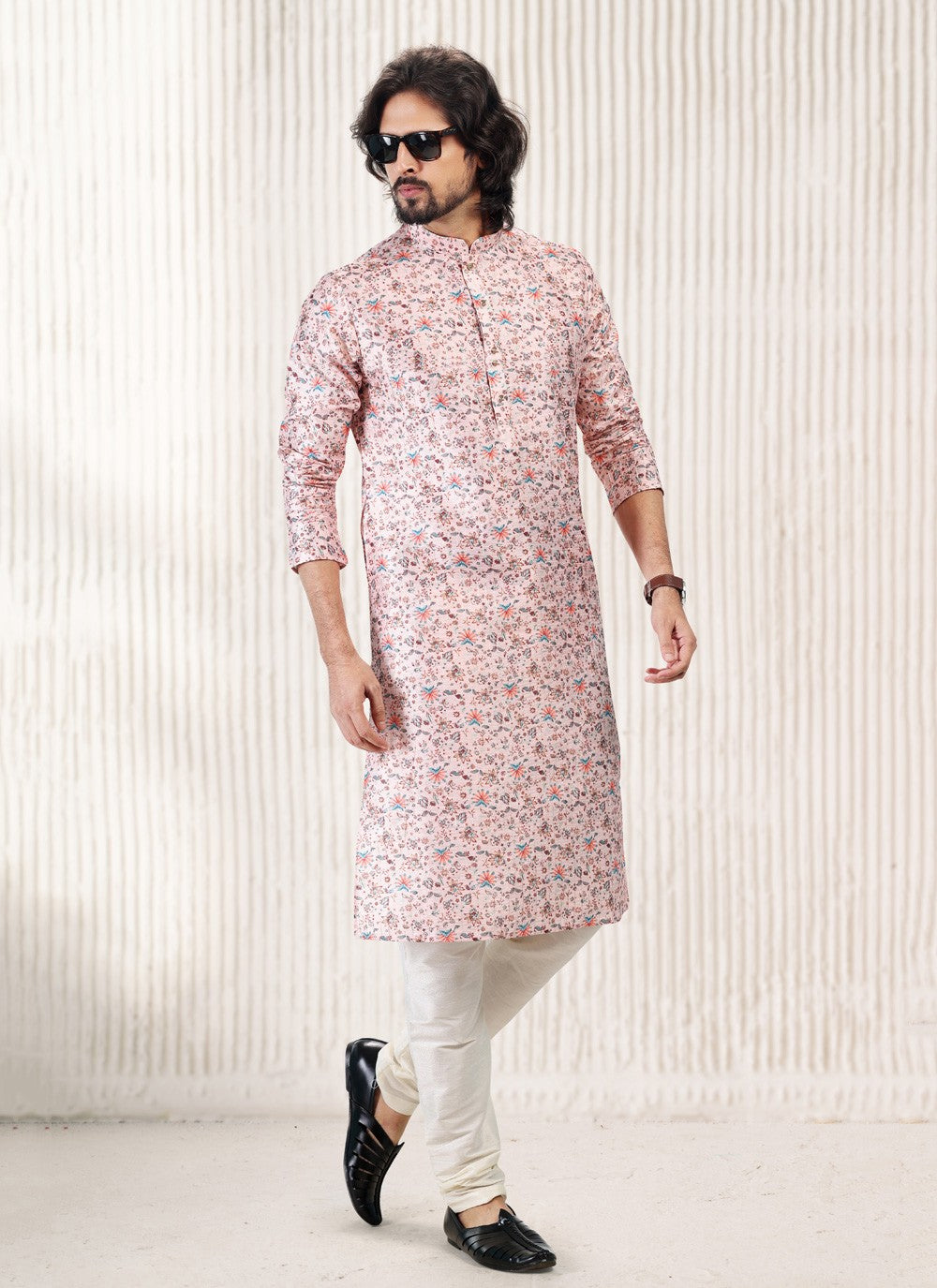 Fancy Work Banarasi Jacquard Pink Kurta Pyjama - M5183