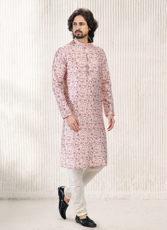 Fancy Work Banarasi Jacquard Pink Kurta Pyjama - M5183