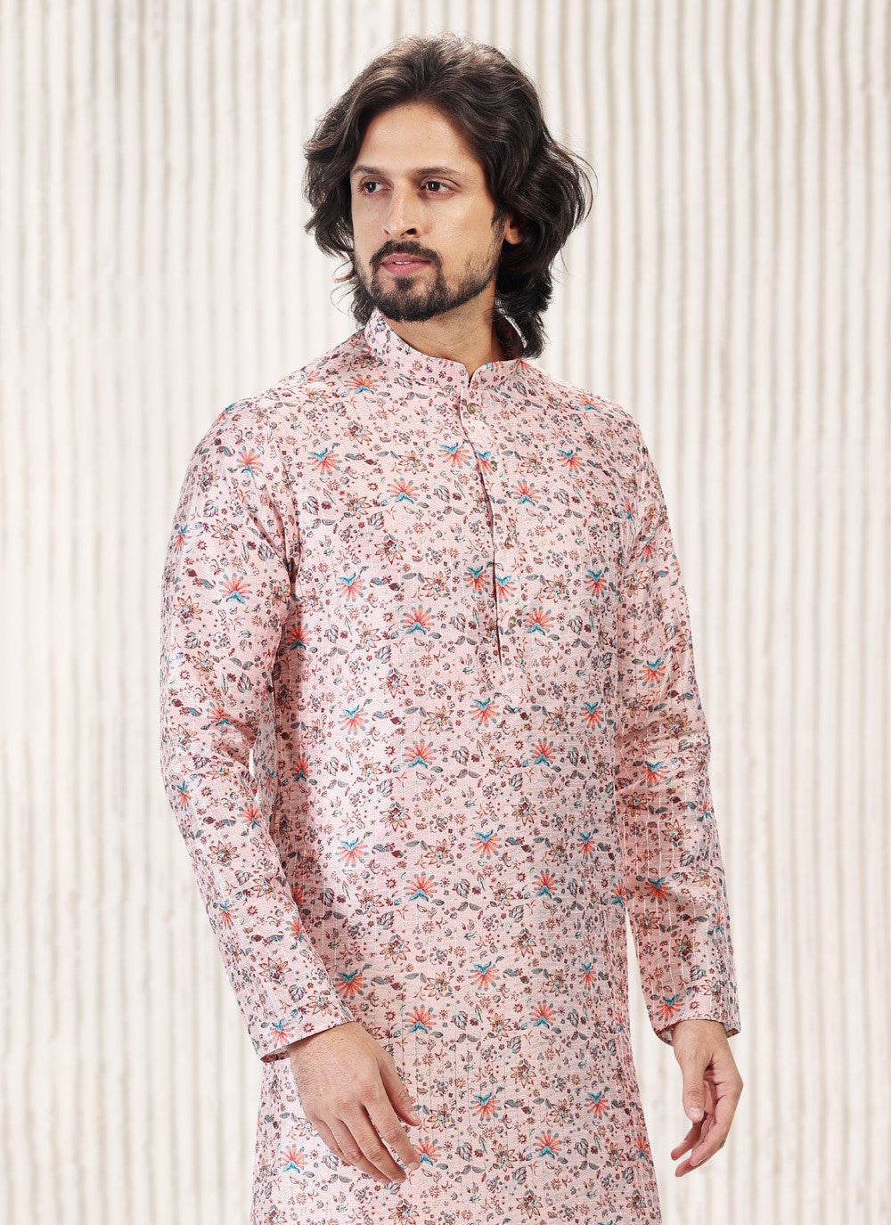 Fancy Work Banarasi Jacquard Pink Kurta Pyjama - M5183