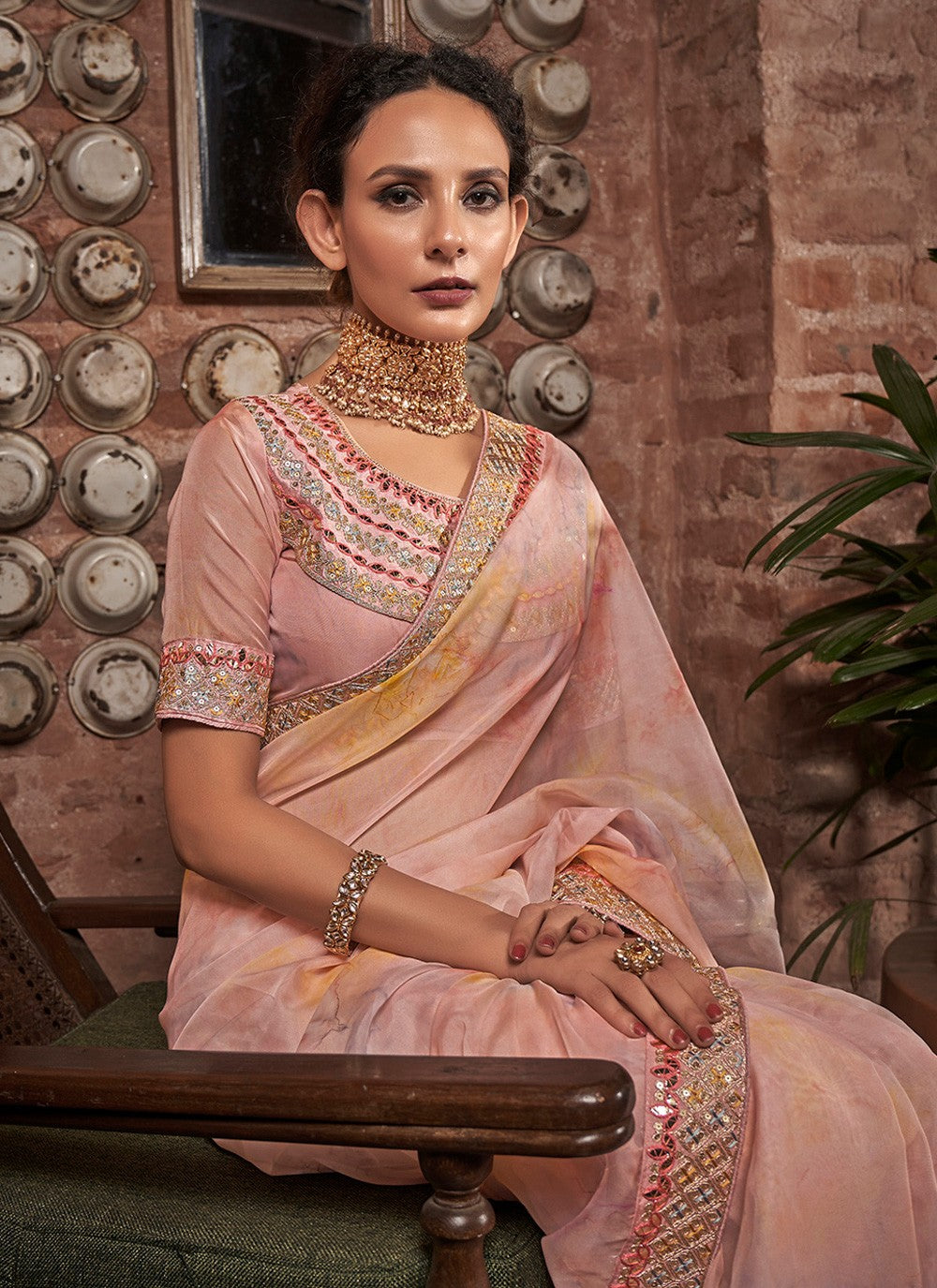 Traditional Border Work Organza Saree - S3525