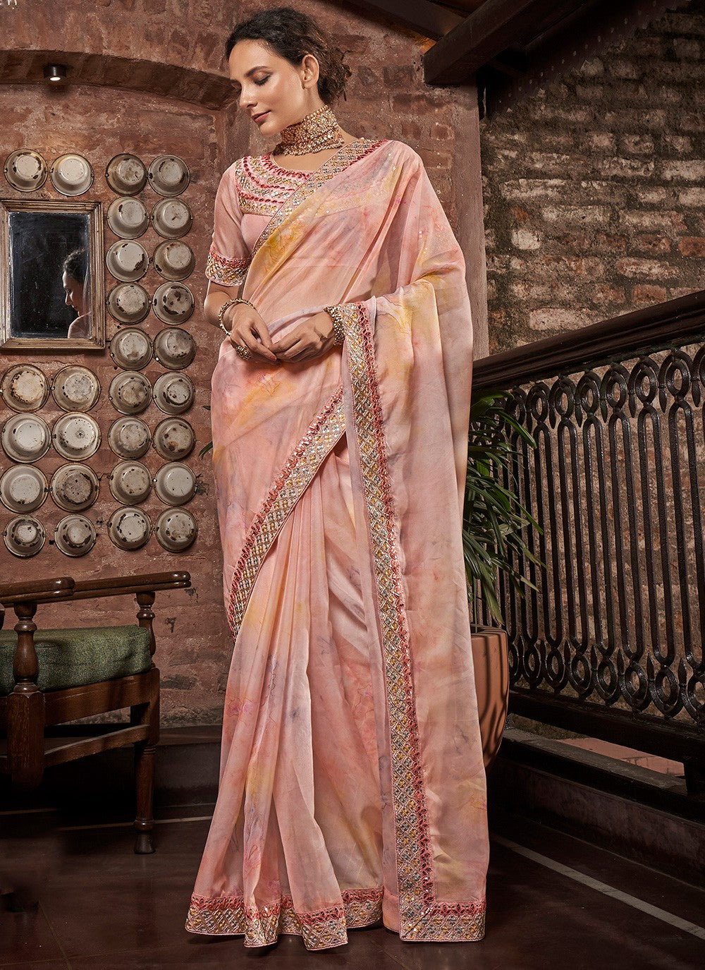 Traditional Border Work Organza Saree - S3525