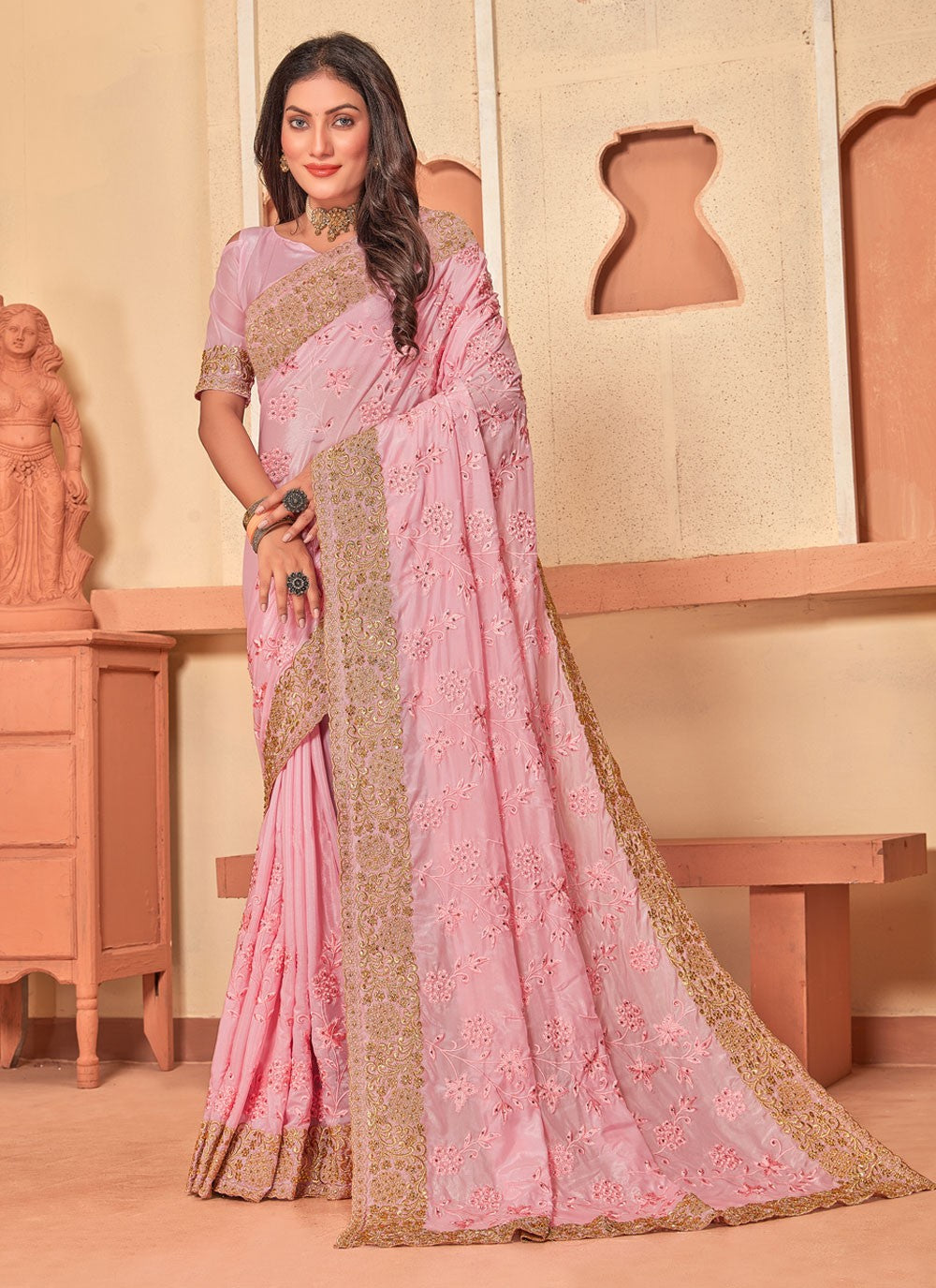 Classic Embroidered Crepe Silk Saree - S4017