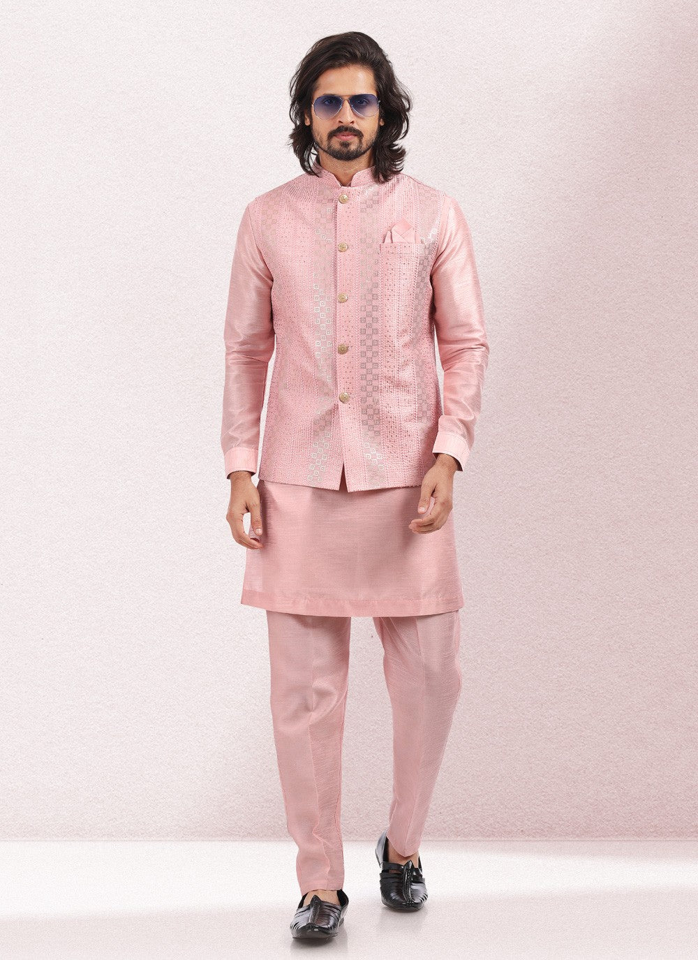 Thread Banarasi Silk Pink Kurta Payjama With Jacket - M5138