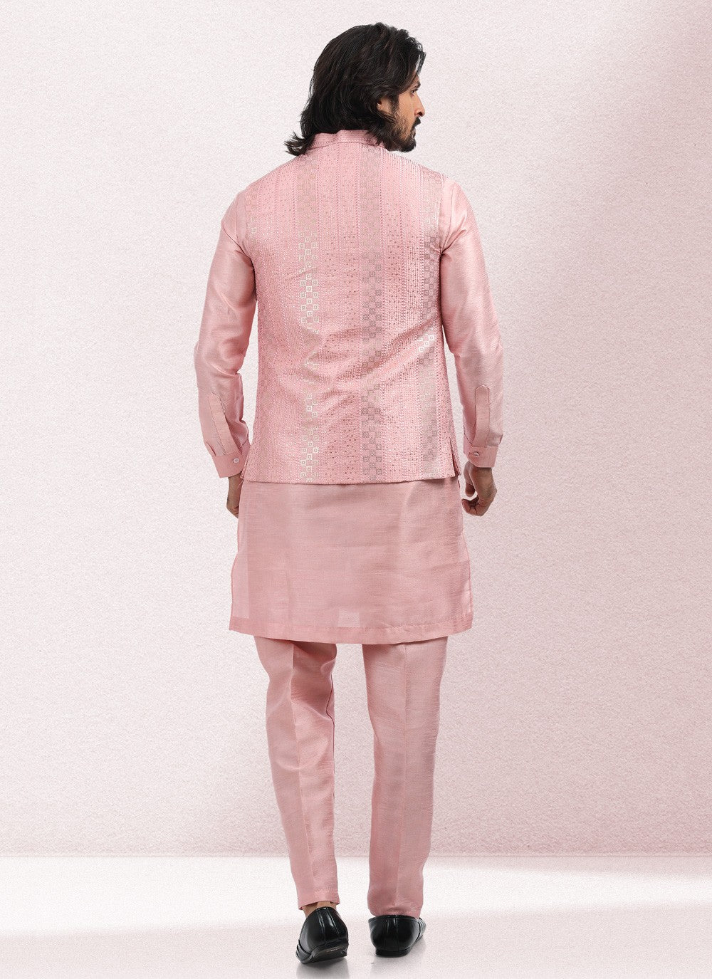 Thread Banarasi Silk Pink Kurta Payjama With Jacket - M5138