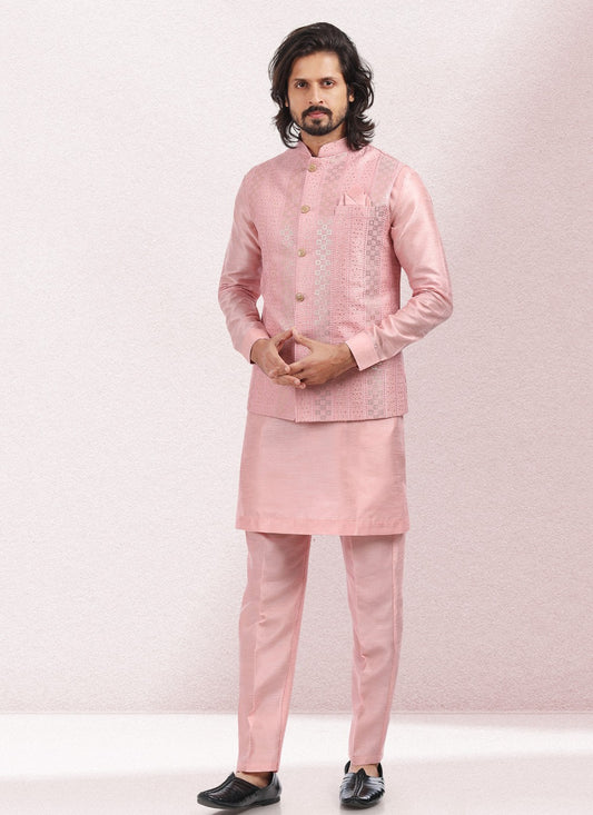 Thread Banarasi Silk Pink Kurta Payjama With Jacket - M5138