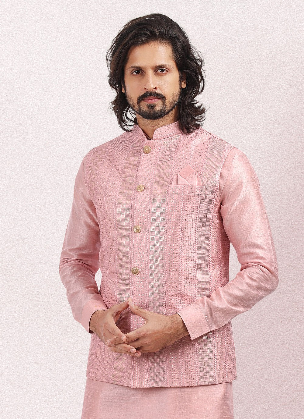 Thread Banarasi Silk Pink Kurta Payjama With Jacket - M5138