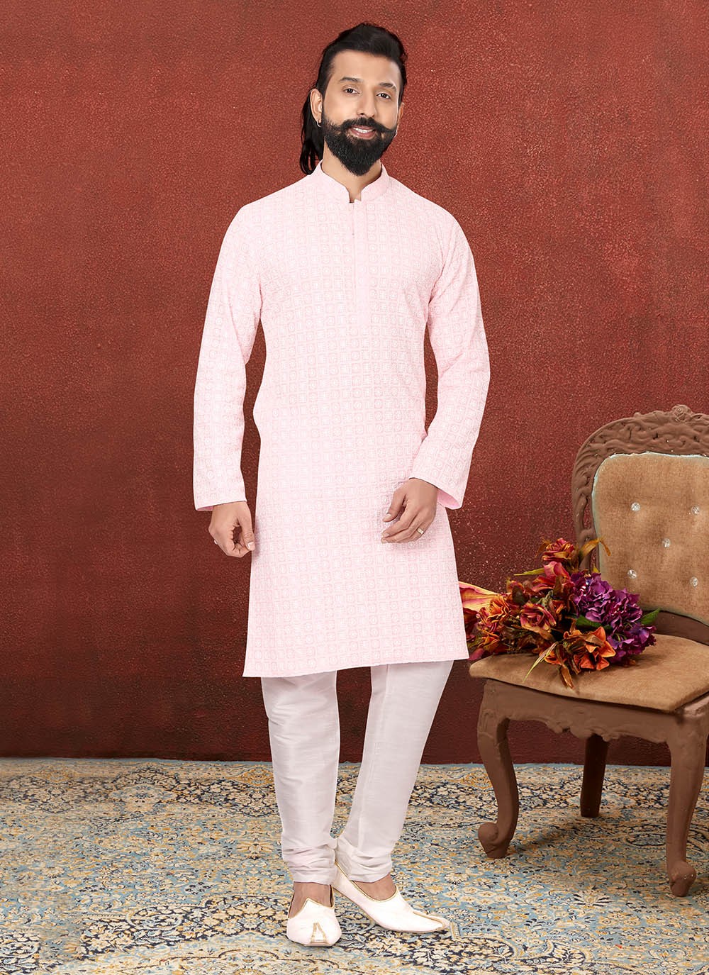 Embroidered Georgette Pink Kurta Pyjama - M2576