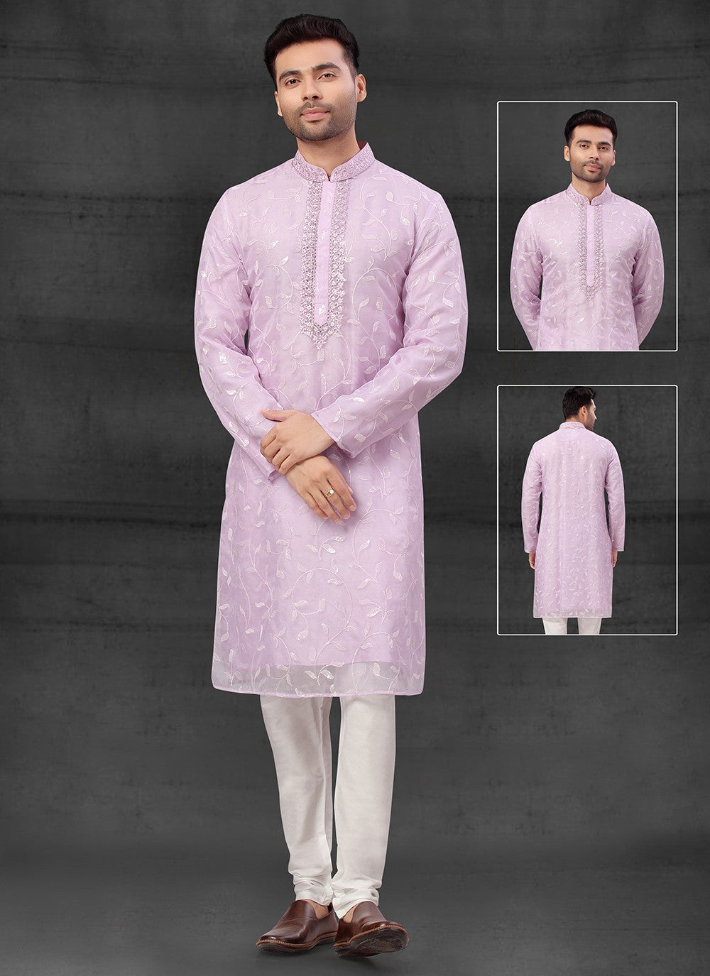 Thread Organza, Silk Pink Kurta Pyjama - M4089