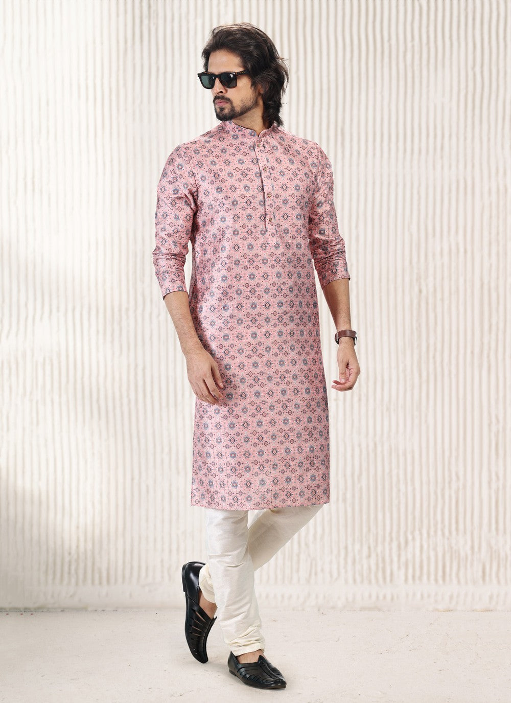 Fancy Work Banarasi Jacquard Pink Kurta Pyjama - M5177