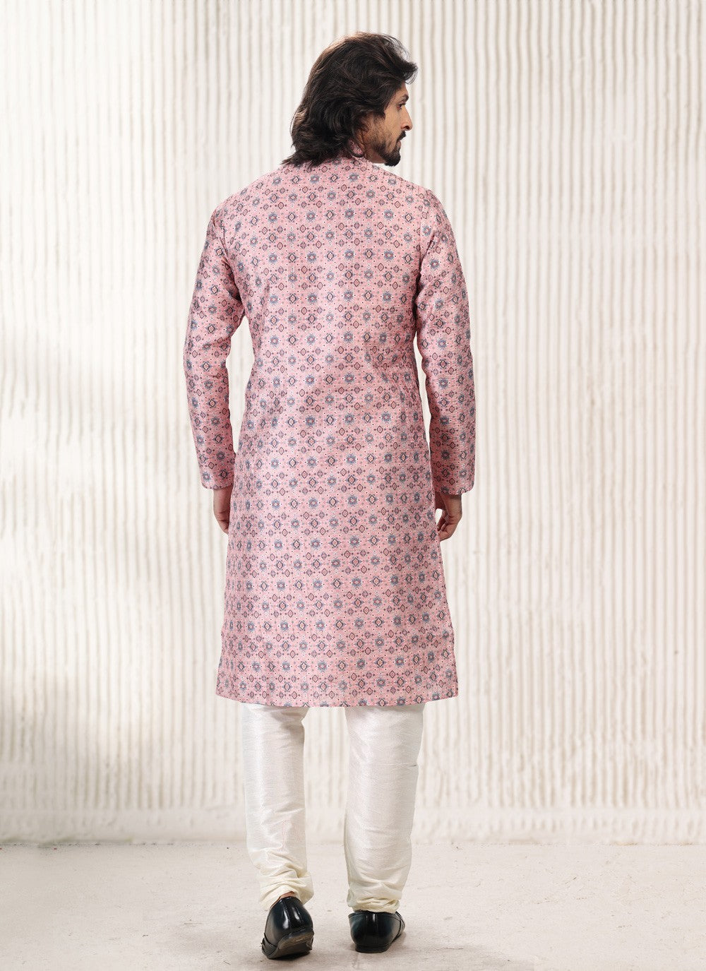 Fancy Work Banarasi Jacquard Pink Kurta Pyjama - M5177