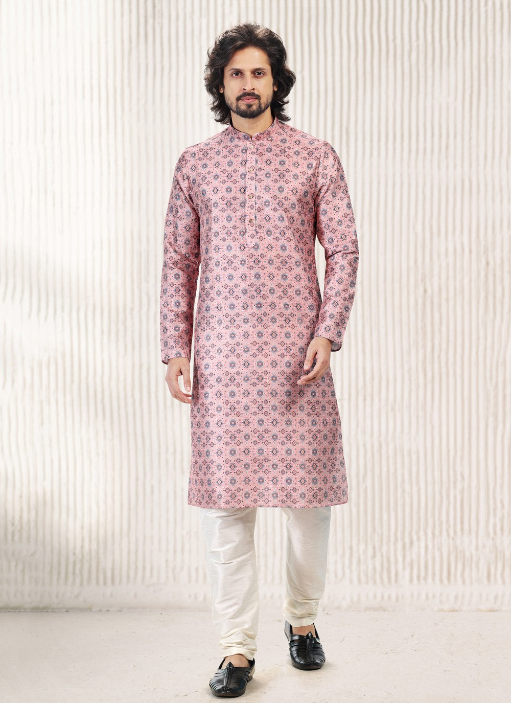 Fancy Work Banarasi Jacquard Pink Kurta Pyjama - M5177