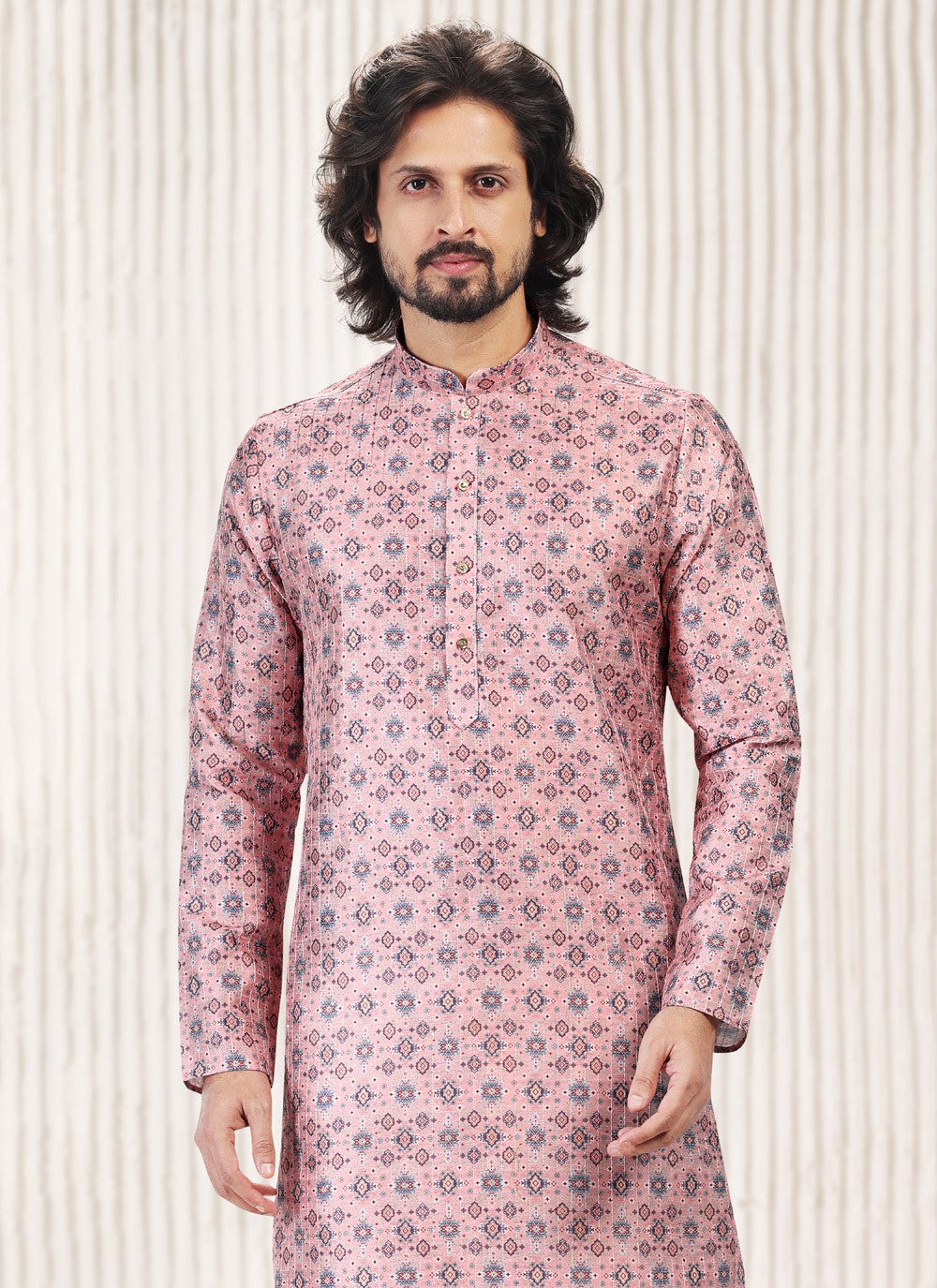 Fancy Work Banarasi Jacquard Pink Kurta Pyjama - M5177