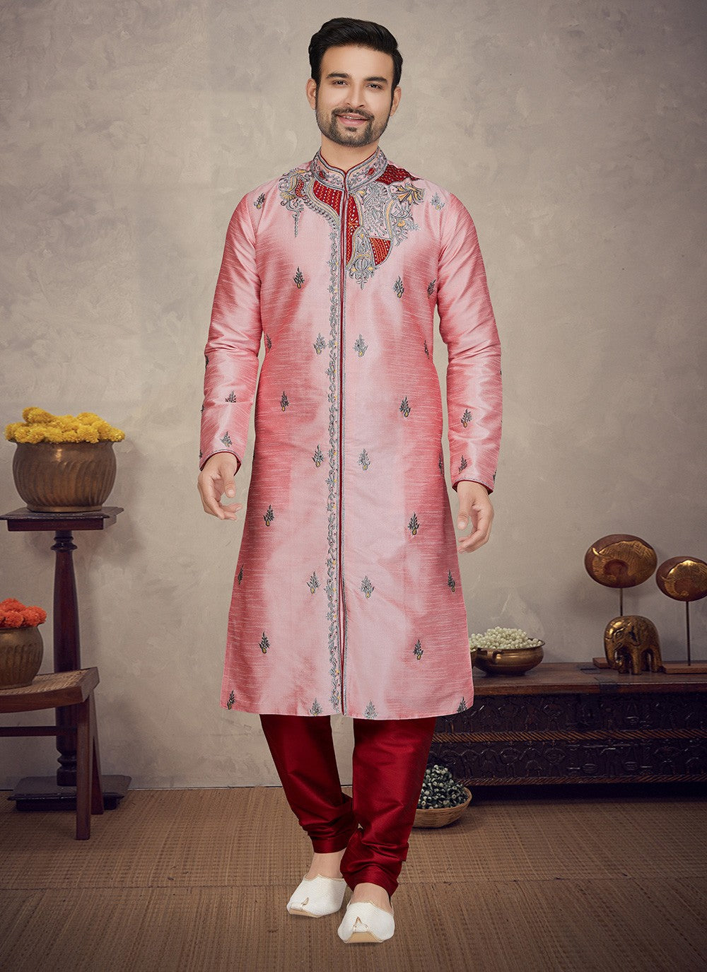 Embroidered Art Silk Pink Kurta Pyjama - M5867