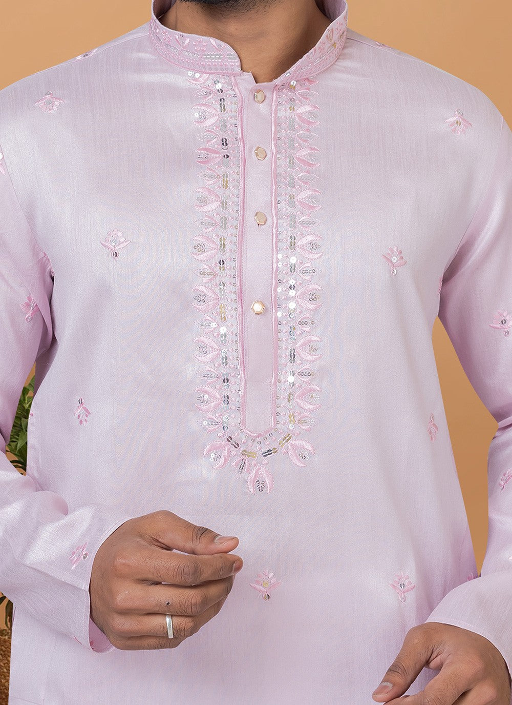 Fancy Work Silk Pink Kurta Pyjama - M6274