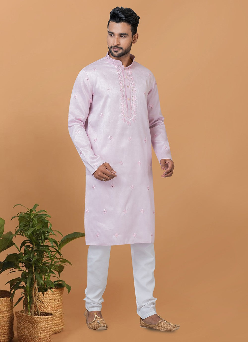 Fancy Work Silk Pink Kurta Pyjama - M6274