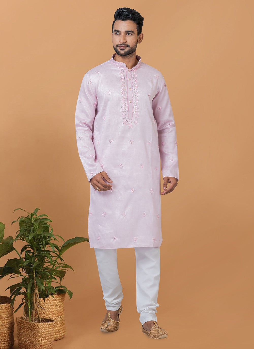 Fancy Work Silk Pink Kurta Pyjama - M6274