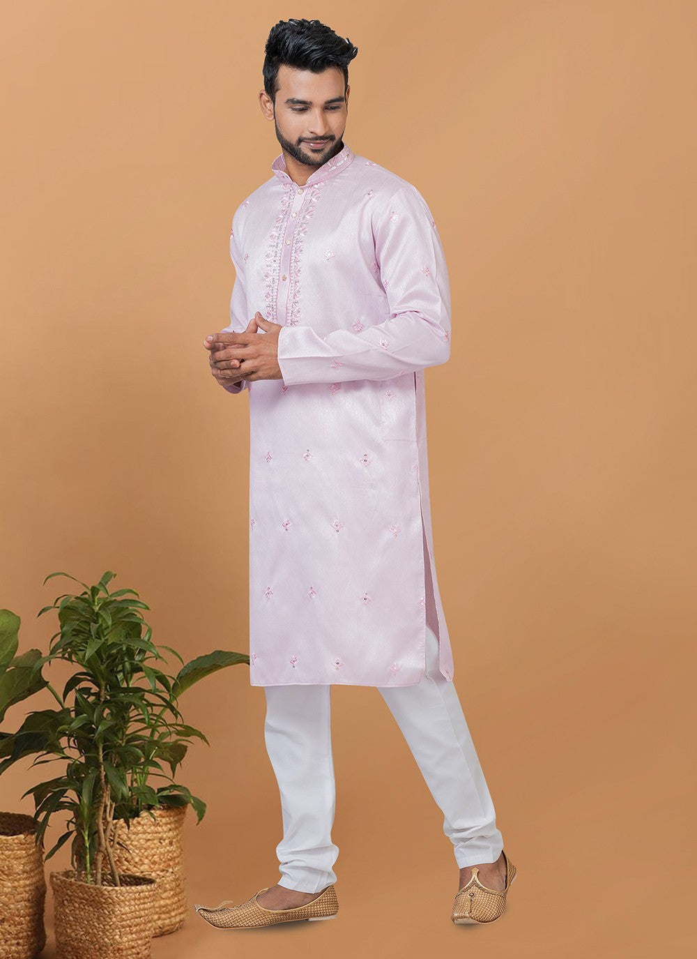 Fancy Work Silk Pink Kurta Pyjama - M6274