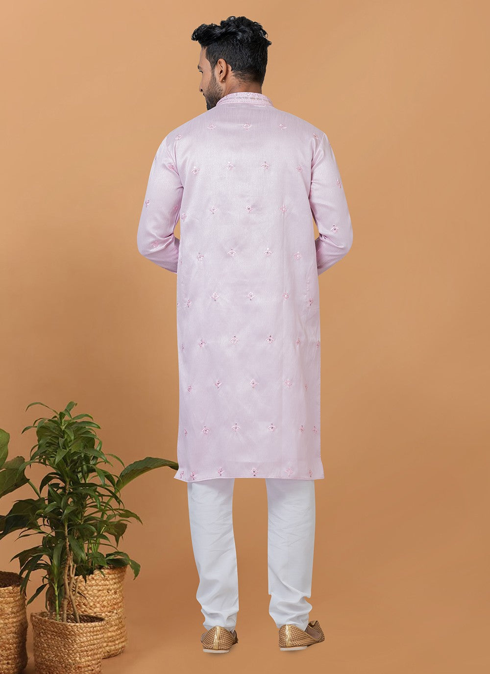 Fancy Work Silk Pink Kurta Pyjama - M6274