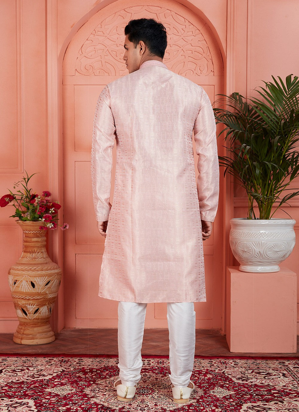 Pintex Brocade, Jacquard Silk Pink Kurta Pyjama - M7748