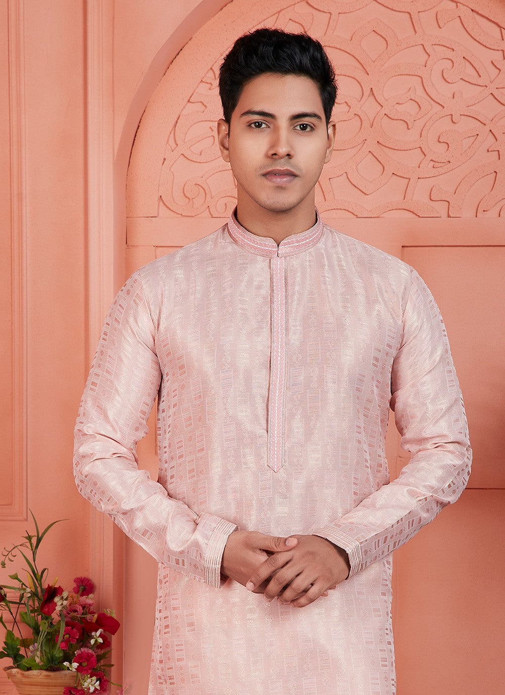 Pintex Brocade, Jacquard Silk Pink Kurta Pyjama - M7748