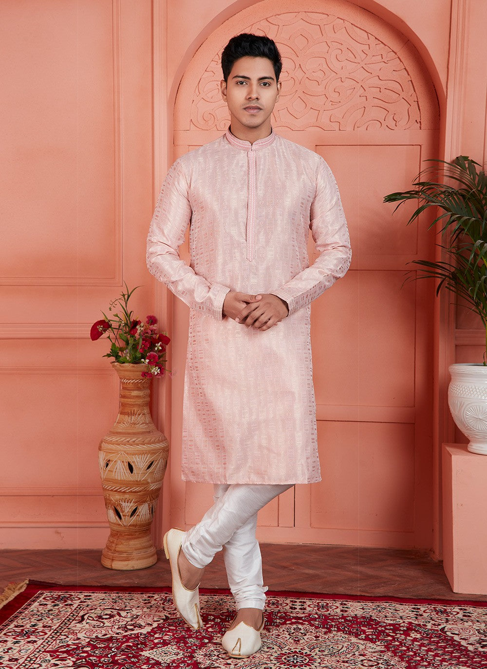 Pintex Brocade, Jacquard Silk Pink Kurta Pyjama - M7748