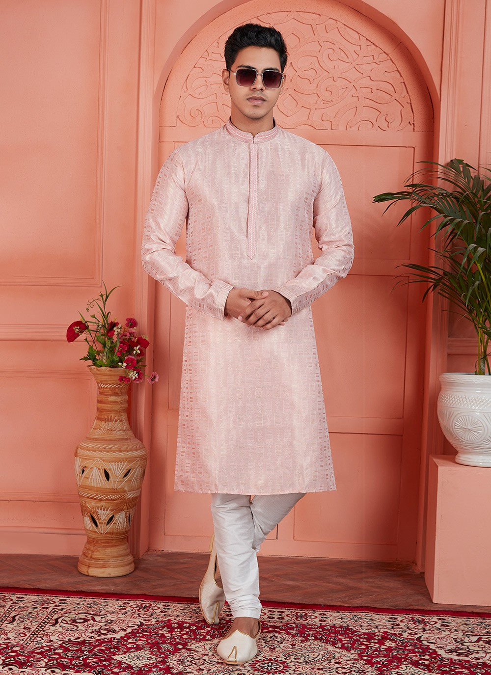 Pintex Brocade, Jacquard Silk Pink Kurta Pyjama - M7748