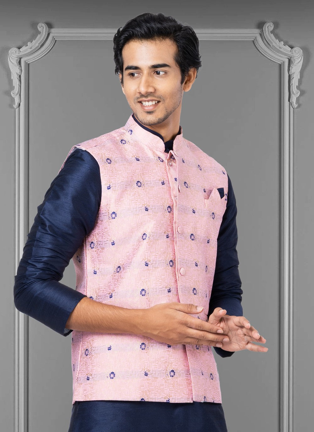 Embroidered Jacquard Silk Pink Nehru Jackets - M3827