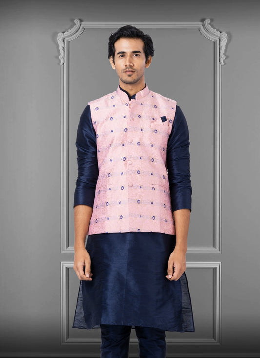 Embroidered Jacquard Silk Pink Nehru Jackets - M3827