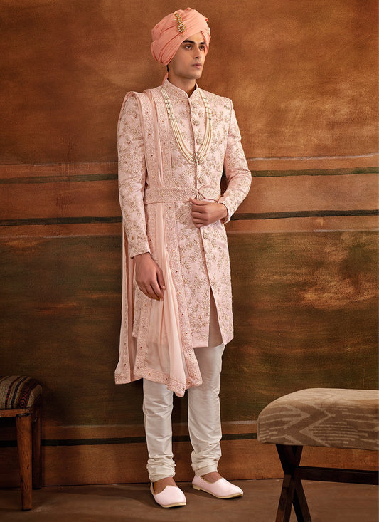 Hand Embroidery Art Silk Pink Sherwani - M4307