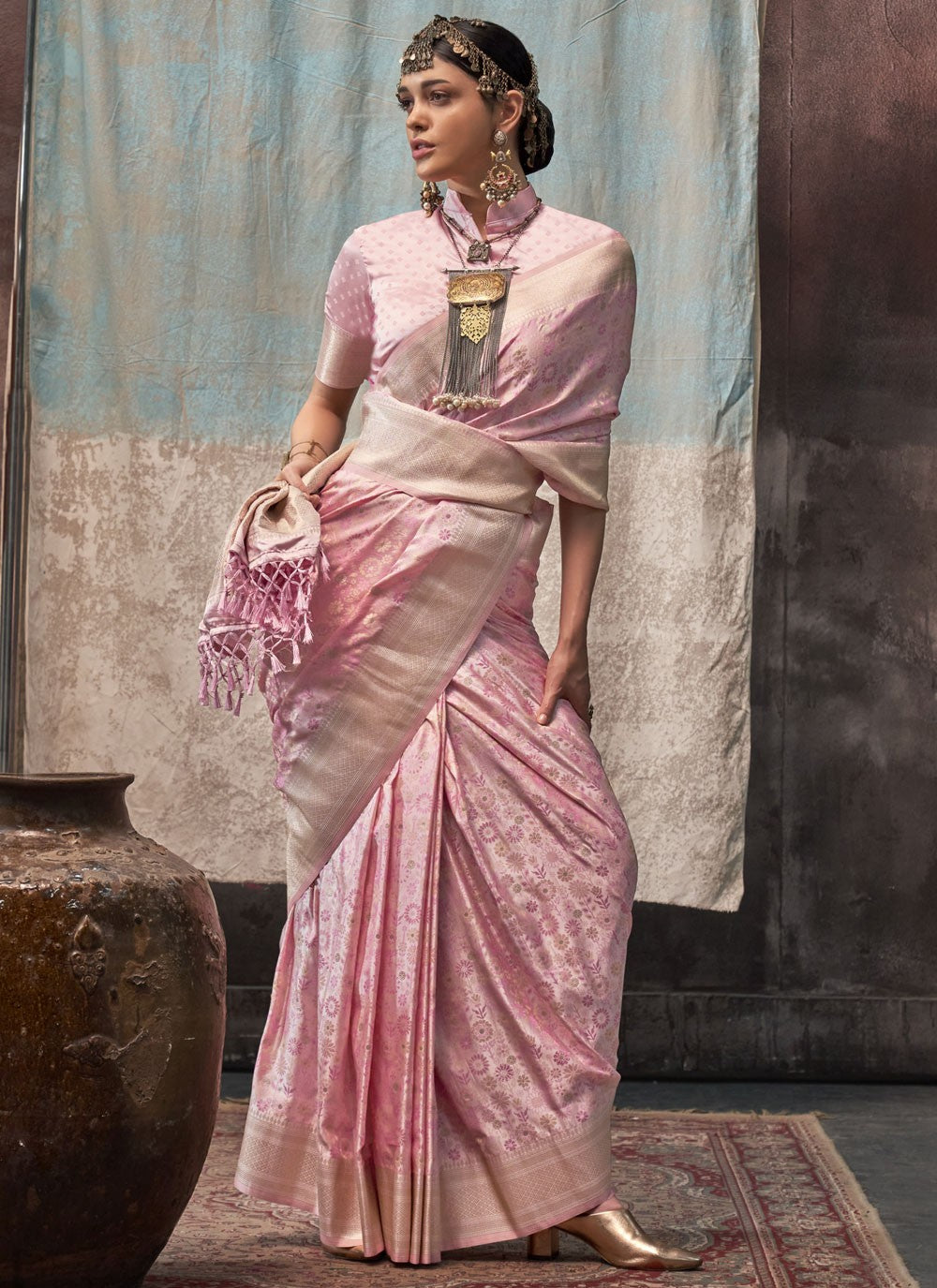 Classic Weaving Zari Satin Pink Saree - S10667