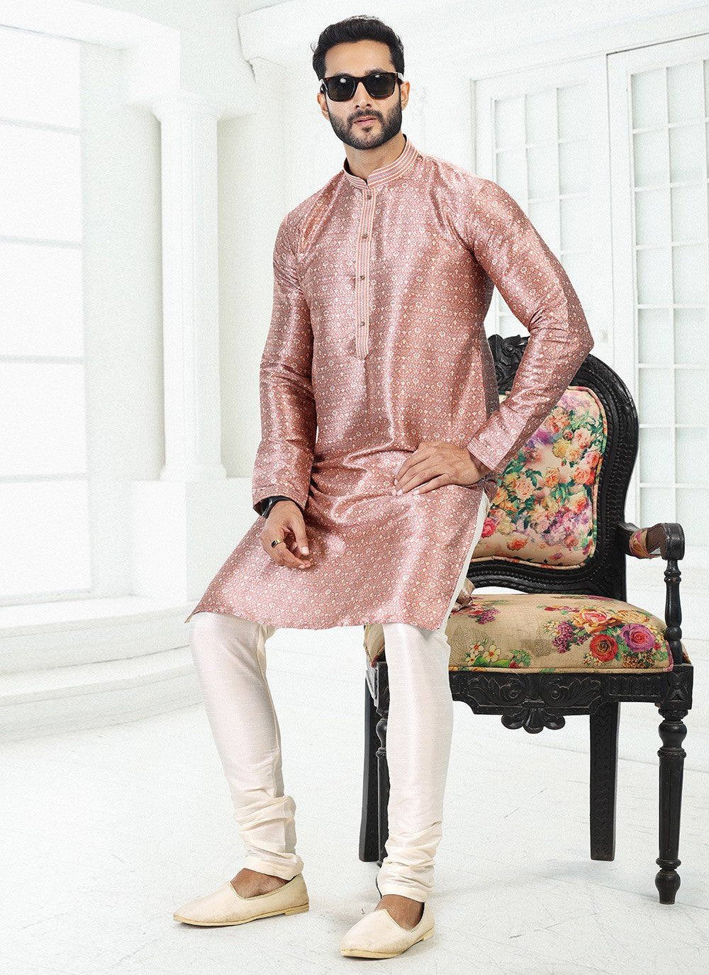 Digital Print Banarasi Silk Pink Kurta Pyjama - M4916