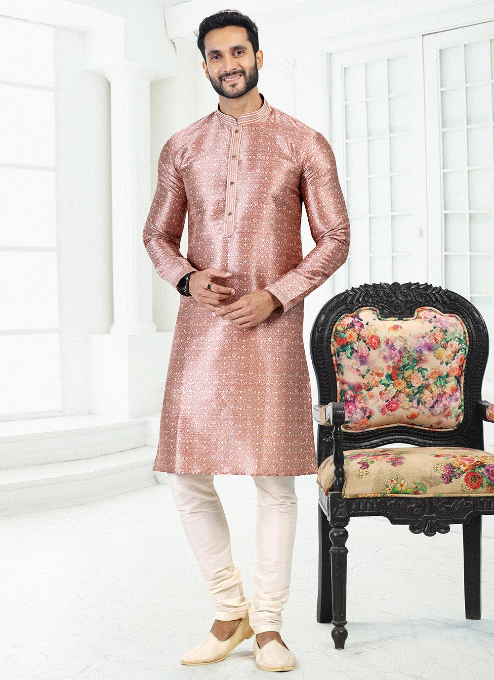 Digital Print Banarasi Silk Pink Kurta Pyjama - M4916